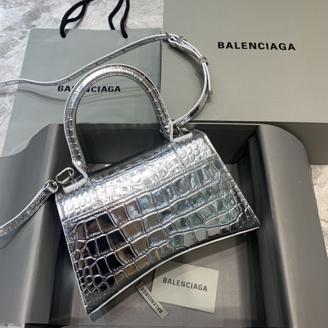 Balenciaga Hourglass Small Handbag Crocodile Embossed Shoulder Bag Silver